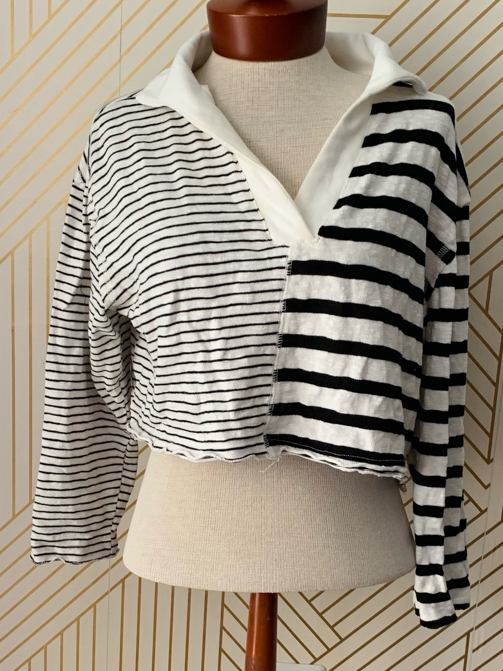 Miou muse striped combo collared crop cropped top in black white raw hem cotton